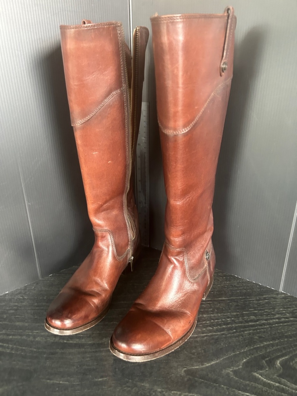 Frye Tall Knee High Chestnut Brown Leather Riding Boots - Low heel